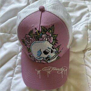 Ed Hardy Skull Rhinestone Snapback Hat Pink
